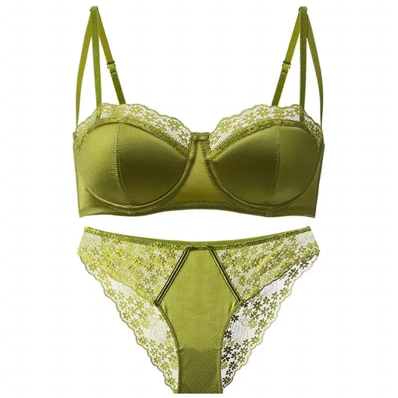 Hot Trend New Sexy Sheer French Lace Demi Cup Minimizer Push Up No Gap Underwire Thin Bra Set Anti-Sagging Side Coverage Women