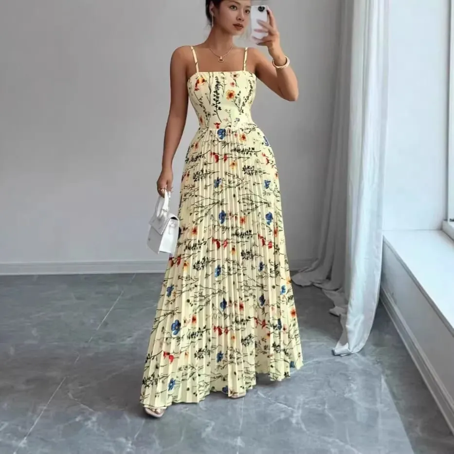 Elegant Floral Print Maxi Dress Women Summer Sexy Cami Slip Dress Casual Sleeveless A-Line Long Dresses Vintage Beach Vacation