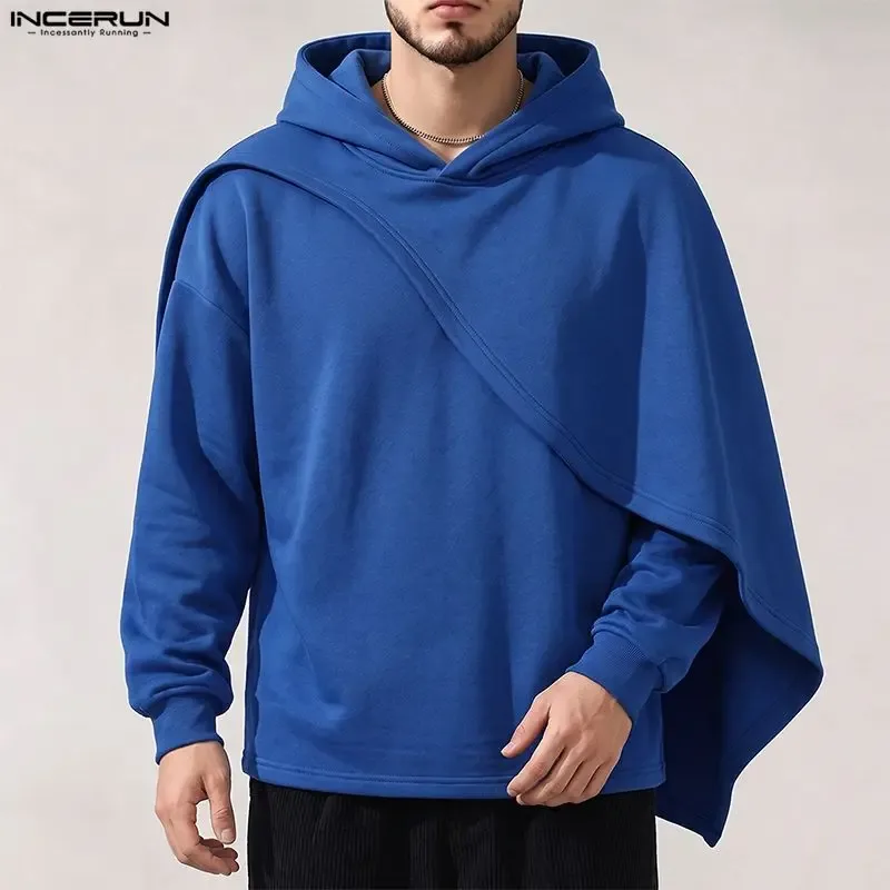 Men's Hoodies Ponchos Solid Color Hooded Long Sleeve Irregular Sweatshirts For Man Loose Stylish Casual Cape INCERUN Streetwear