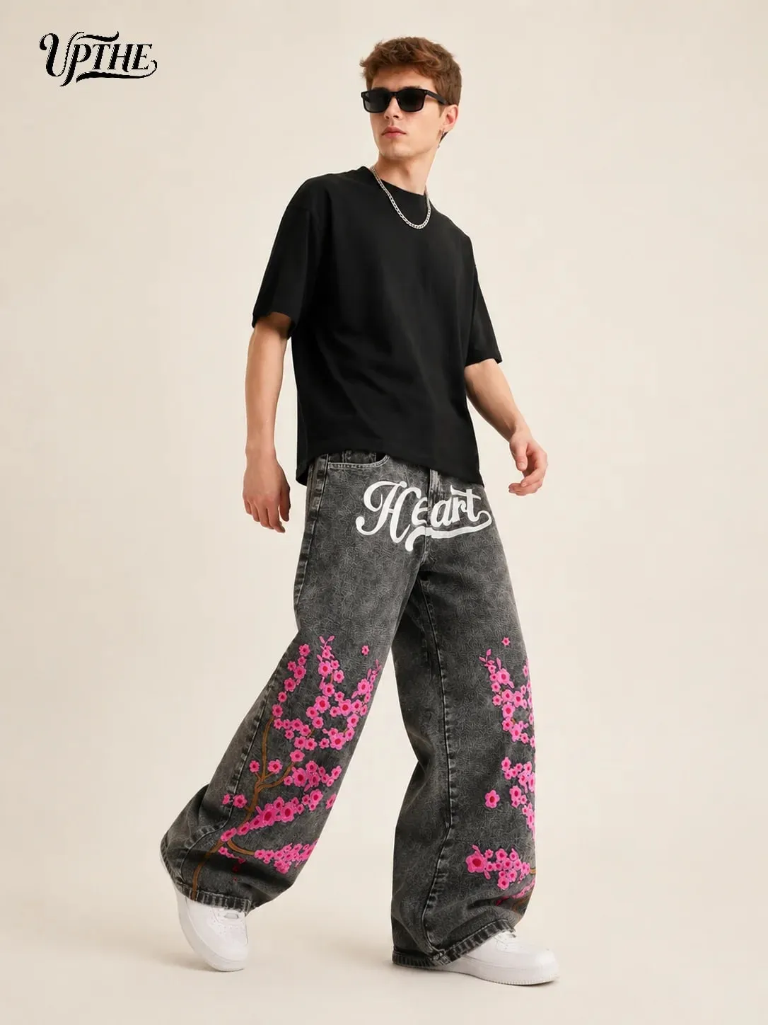 UP.THE Men Baggy Wide Leg Jeans Vintage Washed Black Gray Denim Pants Y2K Loose Cherry Blossom Embroidery Heart Letter Print Streetwear Jeans for Daily Hip Hop Casual Outfits