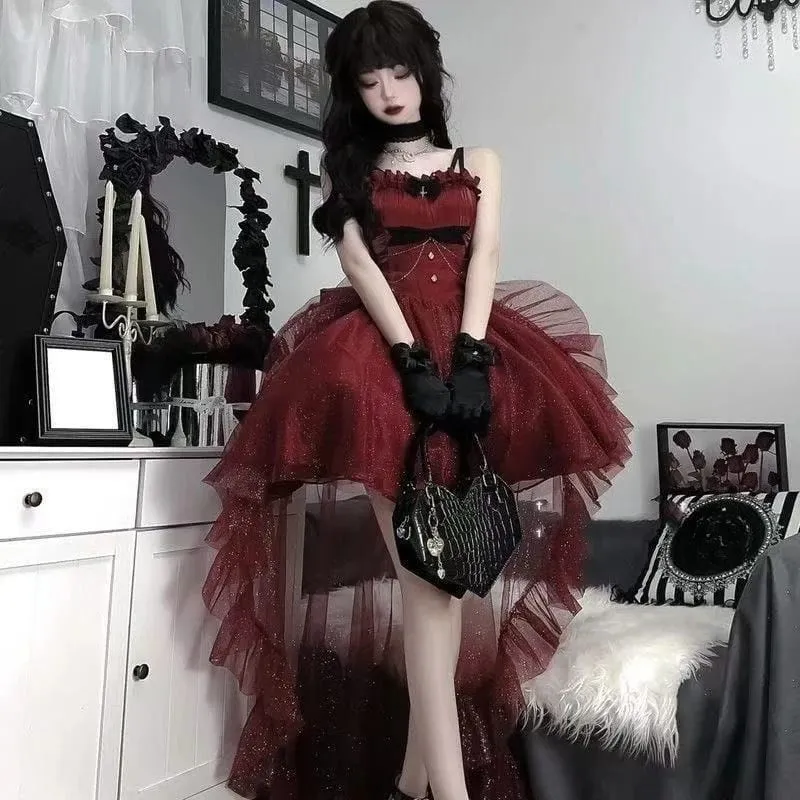 Gothic Red Lolita JSK Dress Women Spaghetti Strap Ruffle Tulle Skirt Chain Bow Decor High Low Hem Vintage Princess Party Dress — image 4