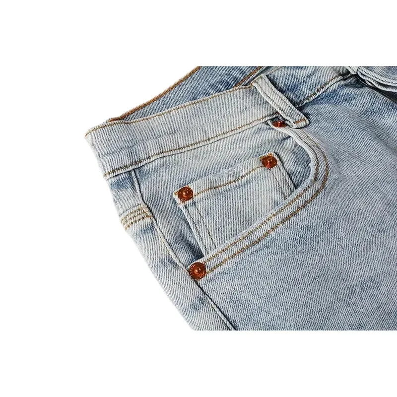 Men's Large Knee Ripped Slim Tapered Jeans Vintage Light Blue Wash Frayed Edges Button Fly High Street Style
