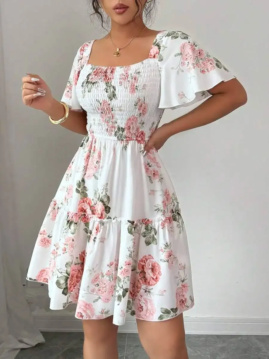 Women Floral Print Sashes Ruffle Hem Short Sleeve Casual Dress Vacation Style Women's Evening Dresses