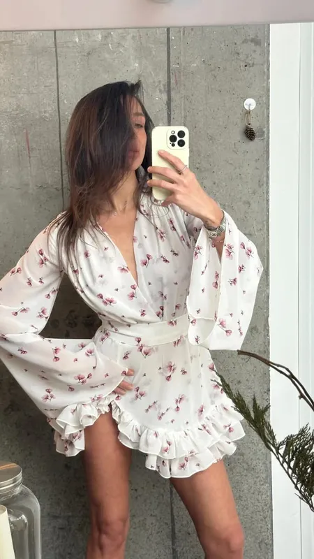 Floral Print Ruffle V Neck Waist Cinching Long Dresses Split Hem Single Breasted Maxi Dress 2026 Party Beach Vacation Vestidos