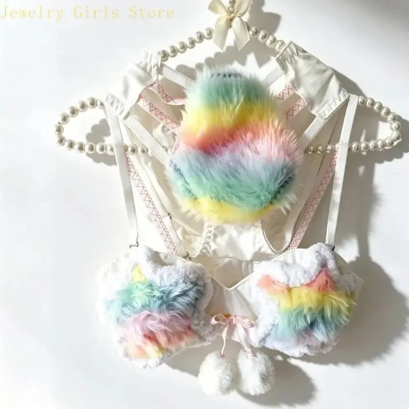 Estetická sada plyšové podprsenky a kalhotek Rainbow Star pro ženy Podprsenka Spodní prádlo Chlupaté spodní prádlo Anime Cosplay Outfit 2 kusy