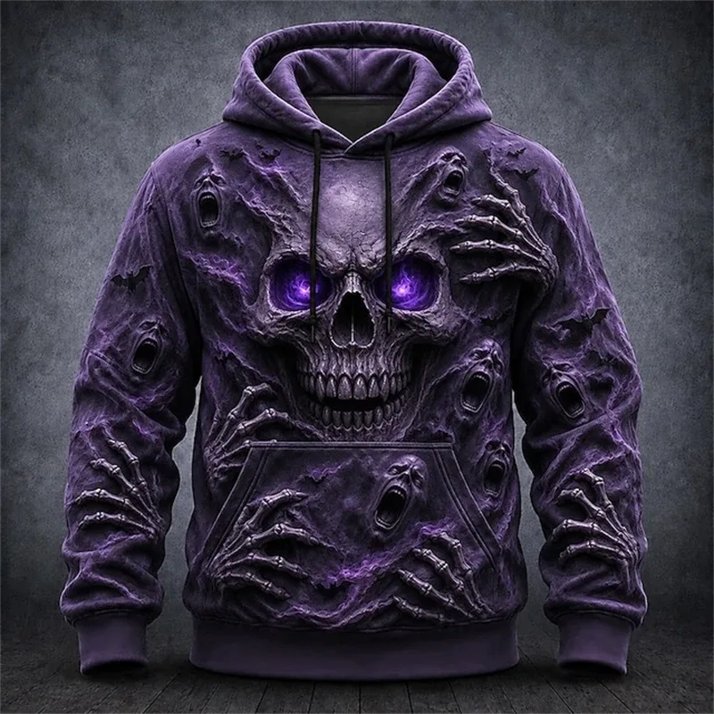 Men's Autumn Winter Halloween Hoodie Casual Pullover with Spooky Skull Print Loose Fit Festive Street-Style Top for Parties
