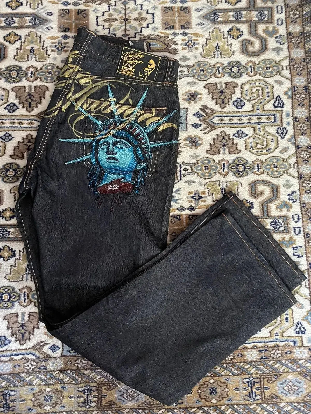 Harajuku Y2k Diamonds Wide Leg Jeans 2000s Casual Denim Pants High Waist Straight Jeans Vintage Statue of liberty Men Clothing