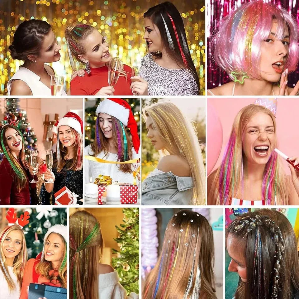 Long Straight Hair Tinsel Glitter Shiny Sparkly Synthetic Color Fresh Laser Clip in Hair Extensions Women Party Hair Accessori