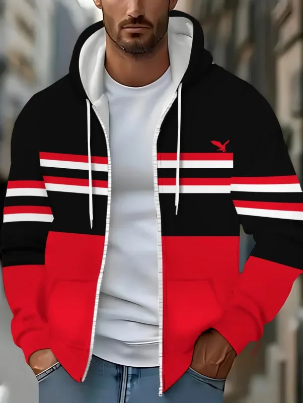 Hoodies for Man Striped Print Full Zip Sweatshirt Outdoor Wear Man Hoodie Fashion Casual Loose Sports Tops Pullover Man Clothing