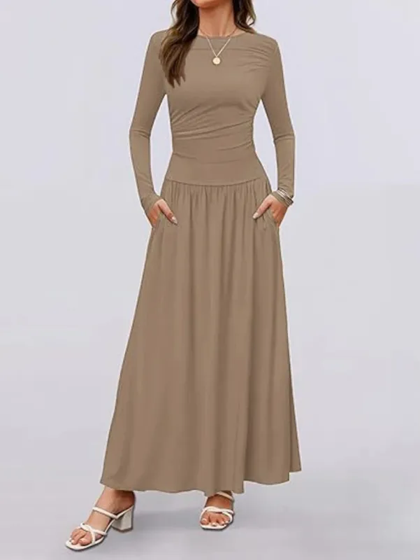 Autumn New Arrivals Women Long Sleeve Maxi Dress Comfortable Fit Ruched Detail Multi Color for Casual Everyday Wear