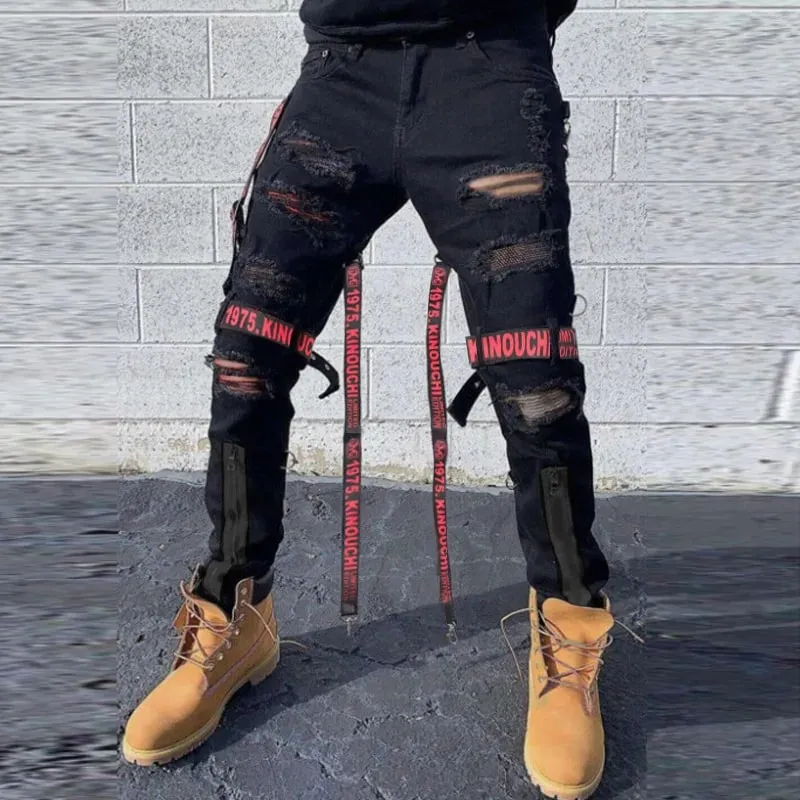 שחור רשת מטען ג'ינס גברים היפ הופ פאנק Goth Techwear אופנה גברים מכנסיים ג'ינס קרועים בסגנון מועדון לילה סקיני ג'ין גבר מכנסיים