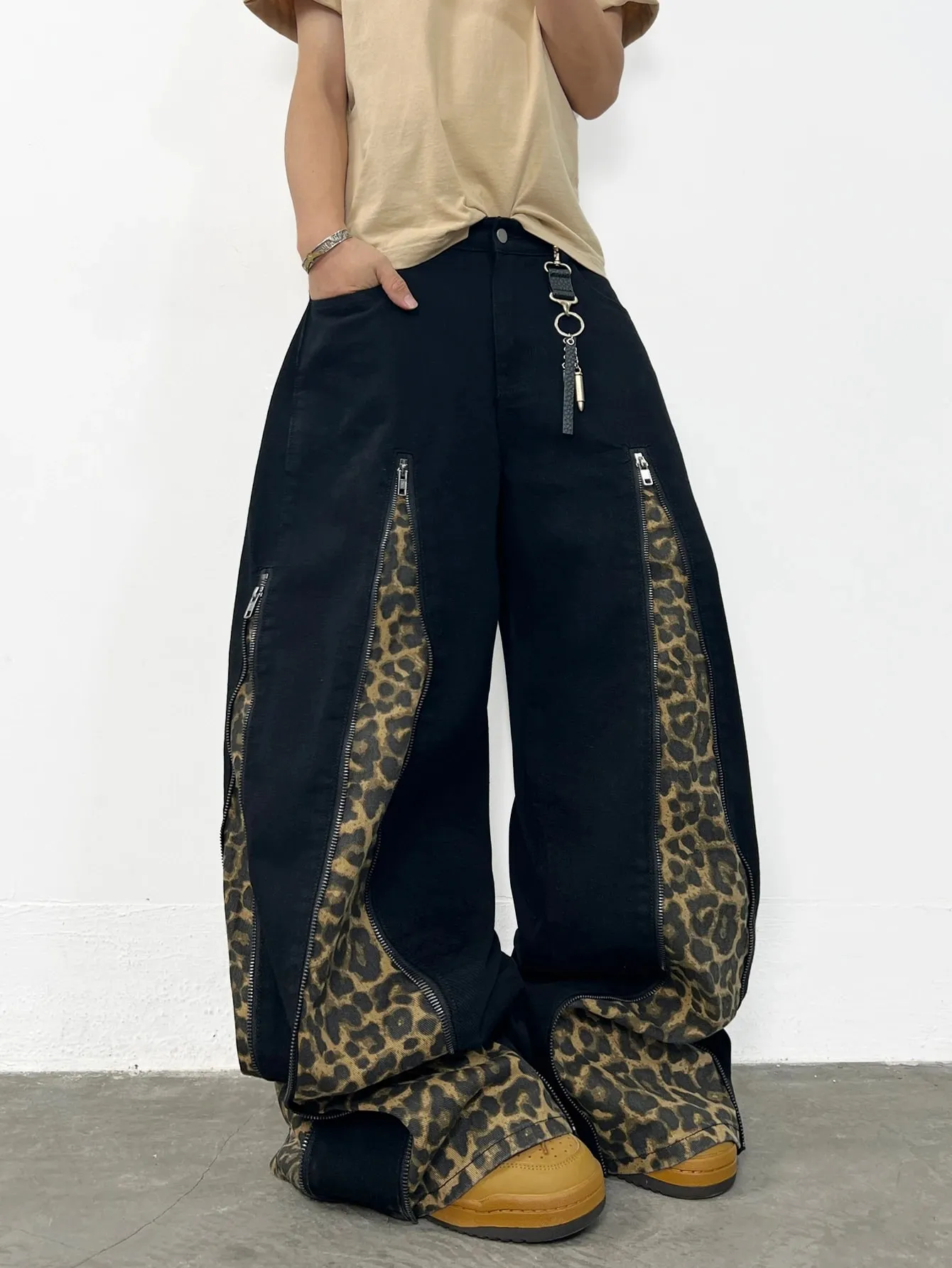 Men's Jeans Versatile Streetwear Wide Pants Trendy Y2K Leopard Print Patchwork Men's Casual Trousers Suitable For All Seasons