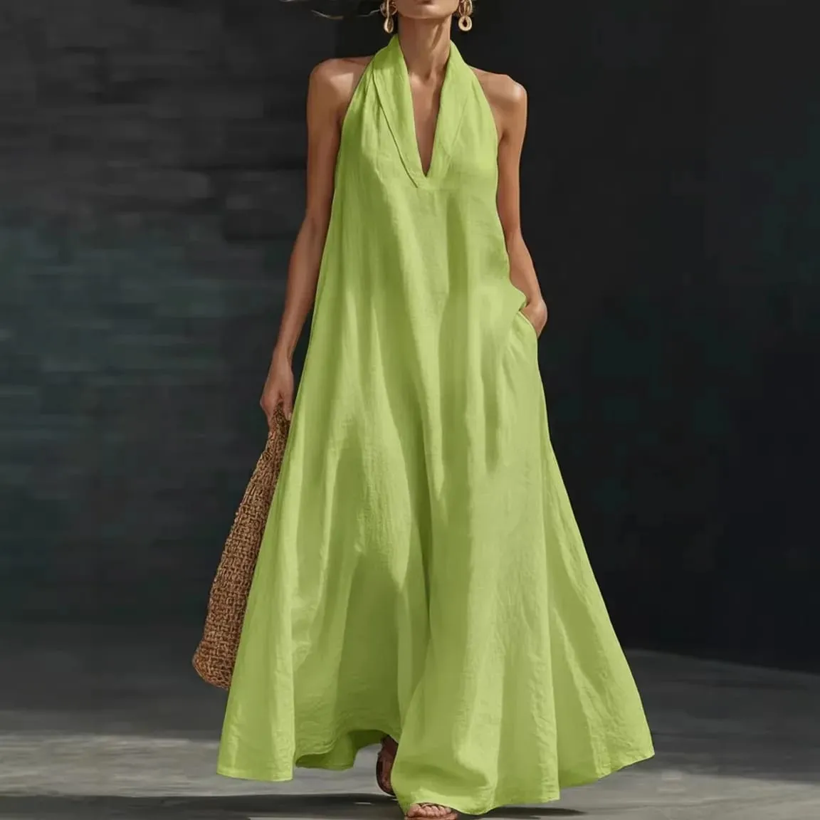 Women's Casual Dresses Sexy Solid V Neck Pocket A-Line Long Dress Spring Summer Sleeveless Loose Beach Vacation Maxi Mujer Dress