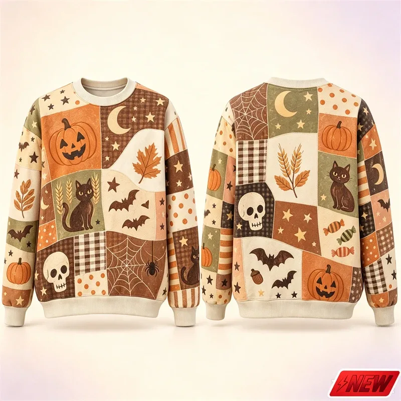 Halloween Splicing Patterns Sweatshirt Men 3D Print Pumpkin Cat Long Sleeve Pullover Hoodie Quick Dry Holiday Costume Top Unisex