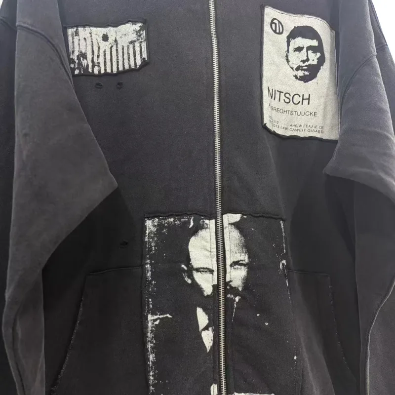 Y2k Subculture Graphic Zip Up Hoodies Hiphop Street Style Heavy Weight Cotton Retro Distressed Ripped Casual Loose Hoodies Men's