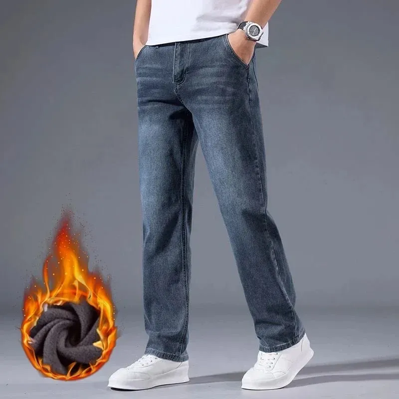 Winter Fleece Men Jeans Thick Stretch Business Casual Trousers Classic Loose Straight Warm Velvet Denim Pants Office Daily Wear