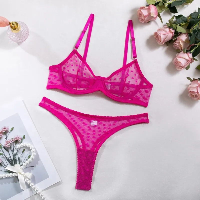 Sexy Polka Dot Women's Underwear Neon Green Bra with Support Brief Set Women 2 Pieces Short Skin Care Kits Exotic Sets