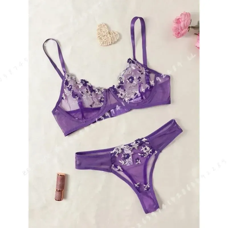 Purple Fancy Lingerie Set Women Embroidered Flower Bra and Panty Underwear Female Outfits