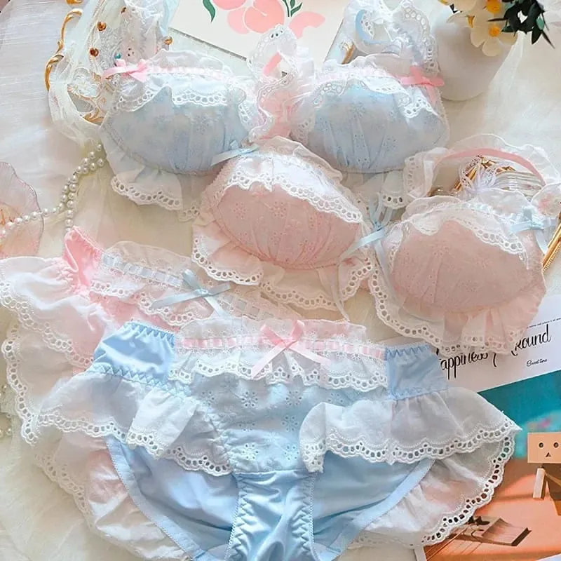 Japanese Sweet Girl Lingerie Set: Ruffles Embroidery Cotton Micro-Gather Bra & Panty with Cute Bow