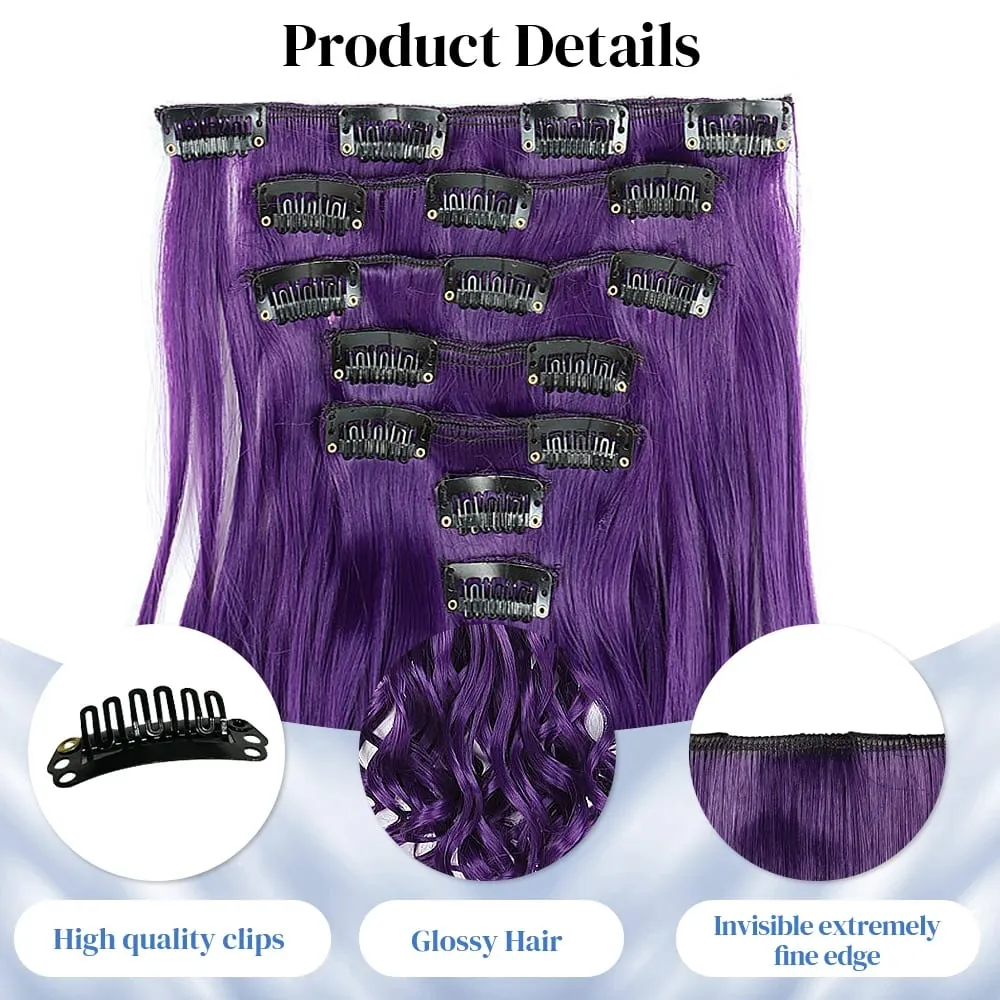 Synthetic Clip in Hair Extensions Purple hairpieces 7pcs/set 22inch Thick Hair for Women Girls Daily Party Cosplay