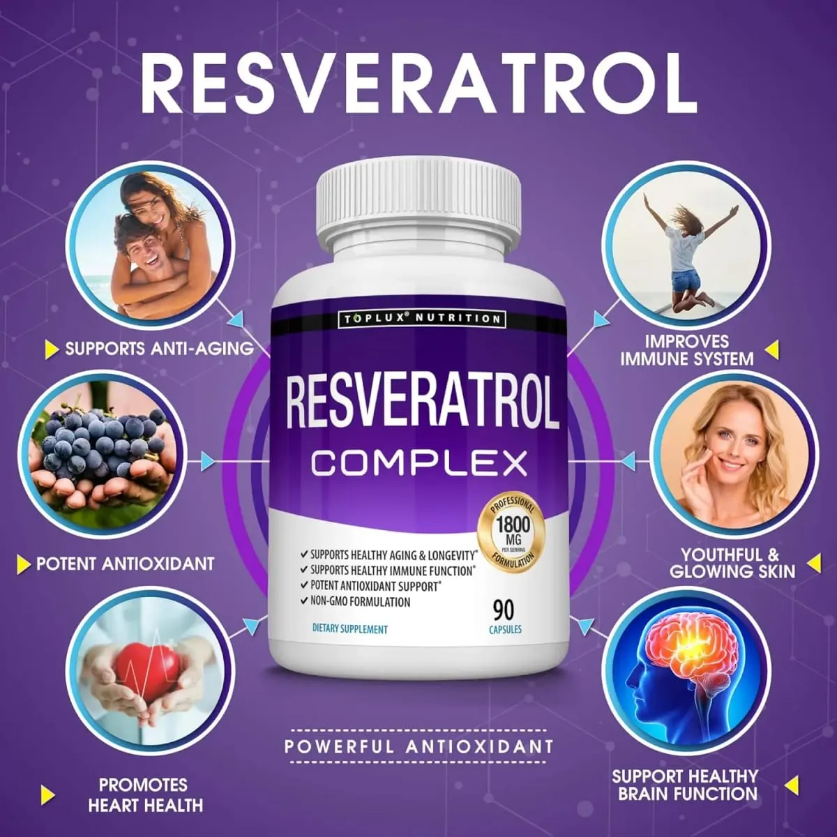 Resveratrol Complex Supplement 1800mg Antioxidant Pills for Healthy Aging Overall Health Immune System Brain Function 90 Caps — image 3