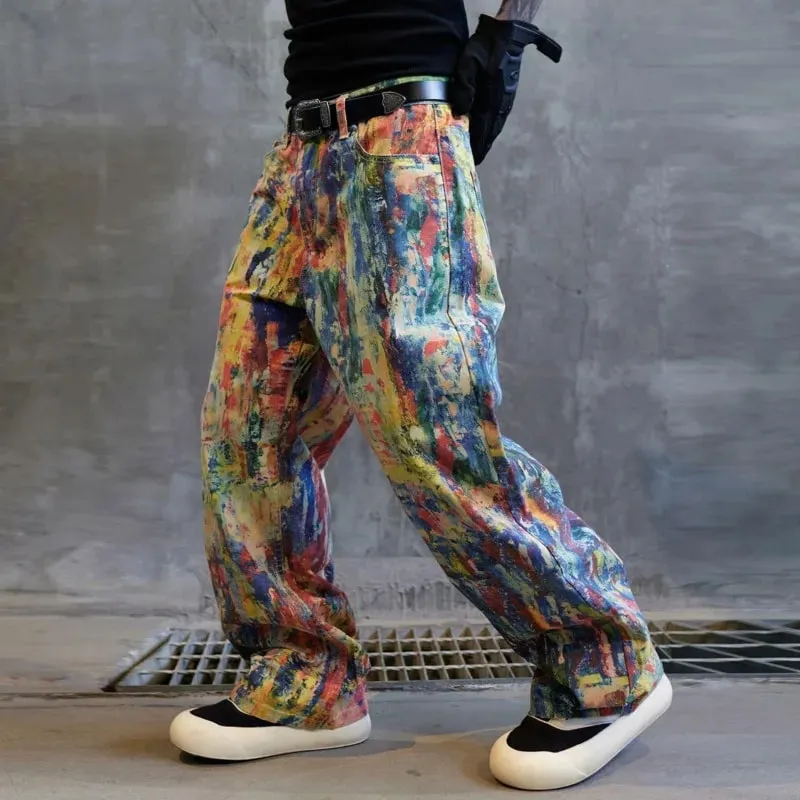High Street Fashion Painted Graffiti Jeans Men's Mid Waist Casual Straight Leg Pants 2026 Summer New 28L2331