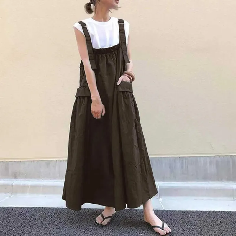 Damenmode-Hosenträgerkleid mit langen Trägern, großen Taschen und Overknee-Taschenträgern, Midi-Kleider für Frauen, Robe Femme