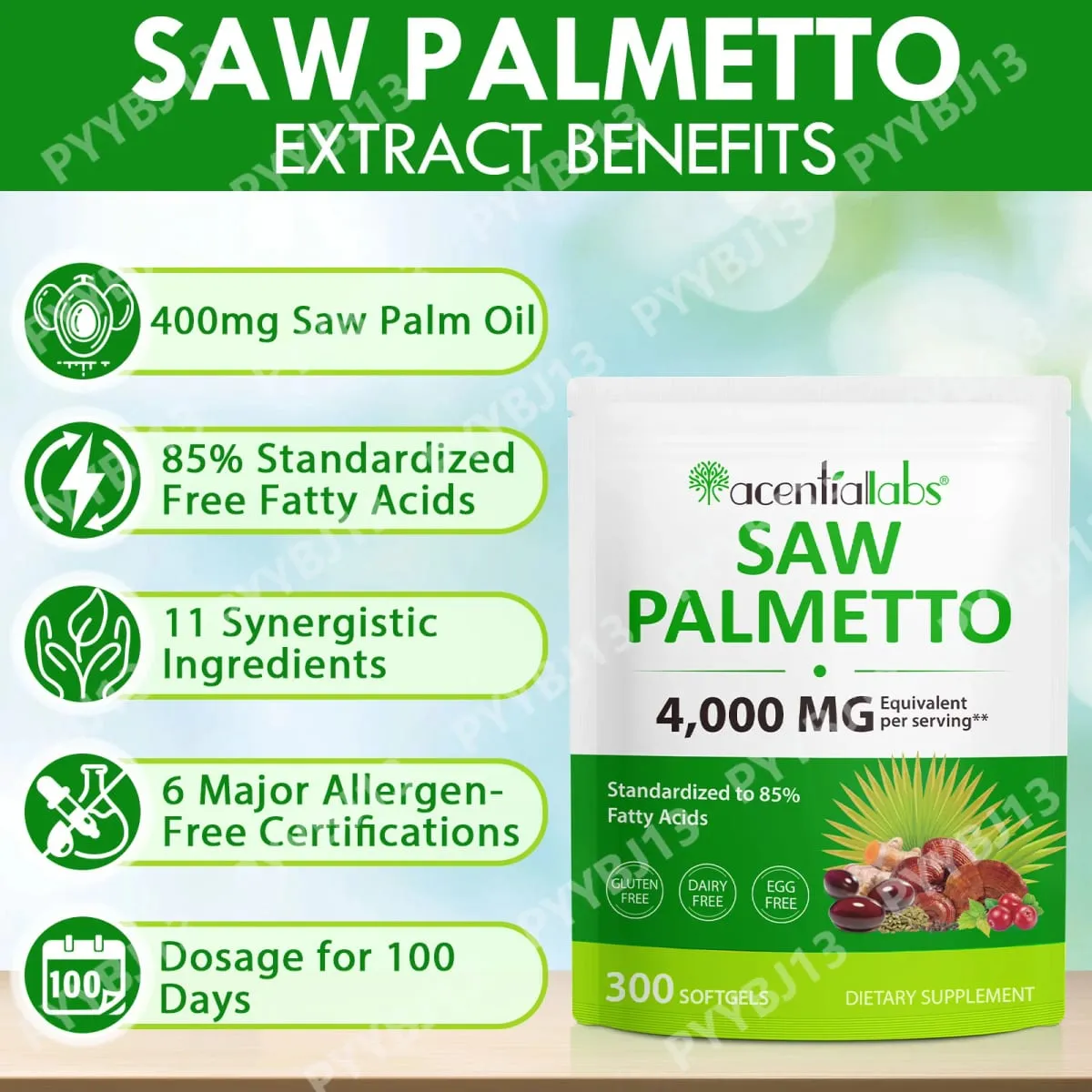Acentalabs Saw Palmetto Softgels 4000mg 85% Free Fatty Acids 300 Count Prostate Hair Health Supplement for Men Dailyl Intake