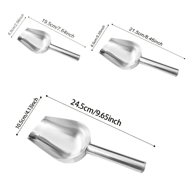3PC Stainless Steel Scoop Set | Heavy Duty Ice Shovel for Pet Food & Grains | Multi-Use Commercial Kitchen Tool Rustproof