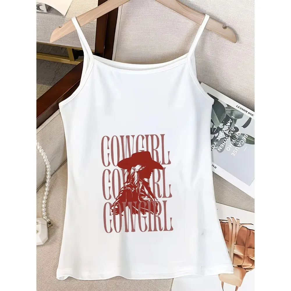 Vintage Cowgirl Graphic Camisole Women Retro Western Cowboy Print Tank Top Slim Fit Black White Spaghetti Strap Ribbed Cami
