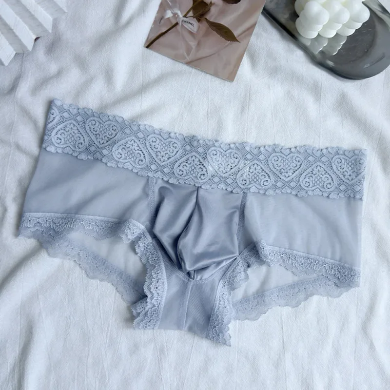 Heren Ijs Zijde Kanten Rand Dunne Naadloze Slips Glanzend 3D Zakje Lichtgewicht Ondergoed Slipje Comfortabele Dagelijkse Lingerie