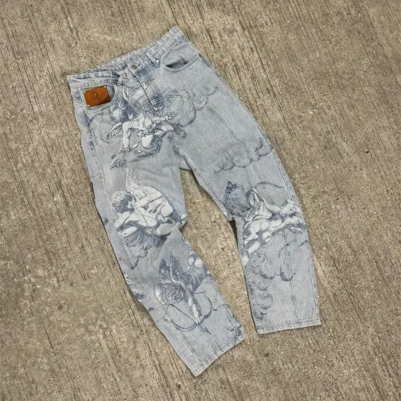 Mens Jeans Harajuku Y2K Angel Baggy Denim Pants Retro High Street Arrow Print Loose Straight Fit American Hip Hop Streetwear New