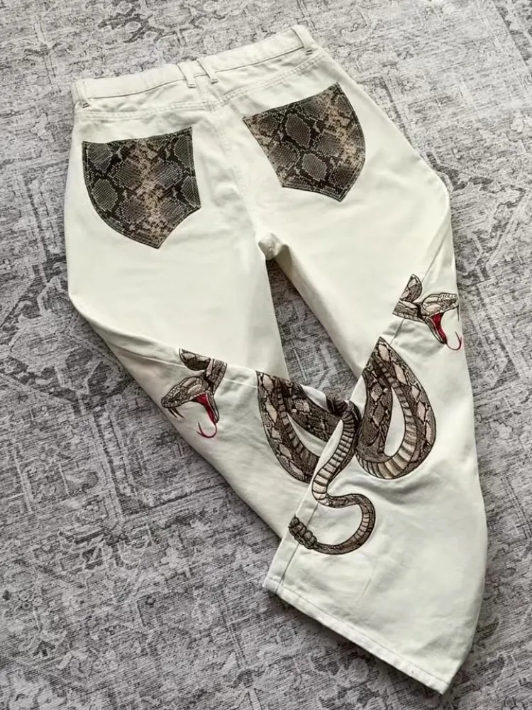 Streetwear Retro Snake Jeans Boa Embroidery Graphic Python Print Pocket Denim Pants Y2K Trend Unisex Baggy Straight Leg Pants