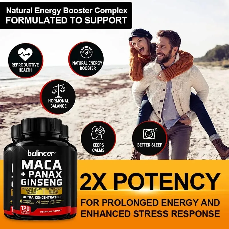 Maca & Ginseng Capsules 10000mg (Yellow+Red+Black) Extract Strength Endurance Muscle Mass Energy & Muscle Support