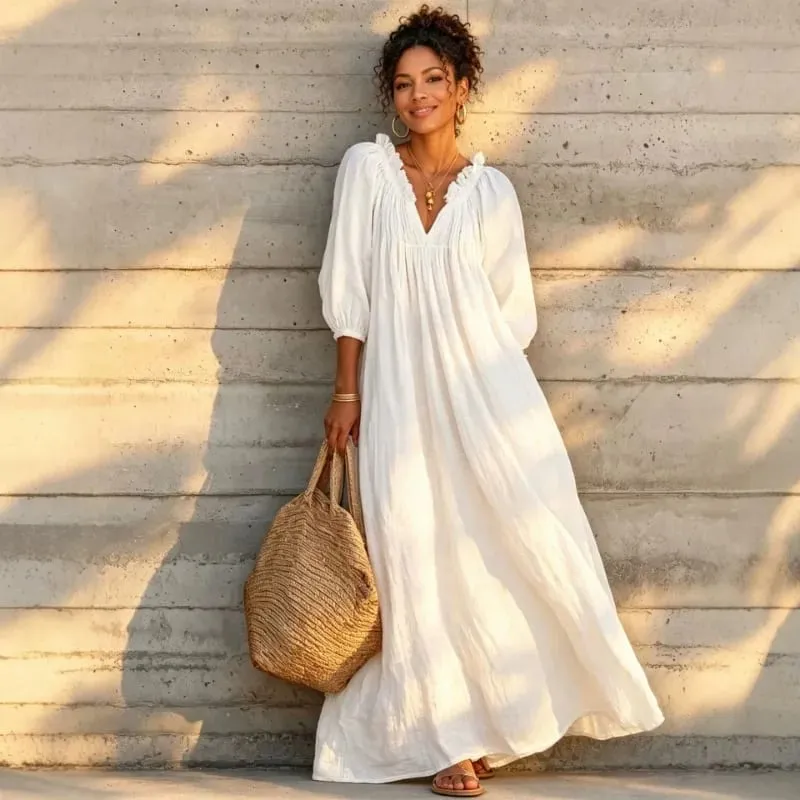 Women Boho Dresses V Neck Lantern Sleeve Maxi Dress Vacation Loose Beach Cover Up Dress Spring Summer Overall Jumpsuit Playsuit