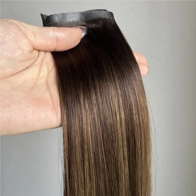 Tape PU Clip In Hair Premium Remy Clip In Human Hair Extensions 7pcs Clip-on Hair 14"-24" 110G Balayage Ombre Mocha Brown Black