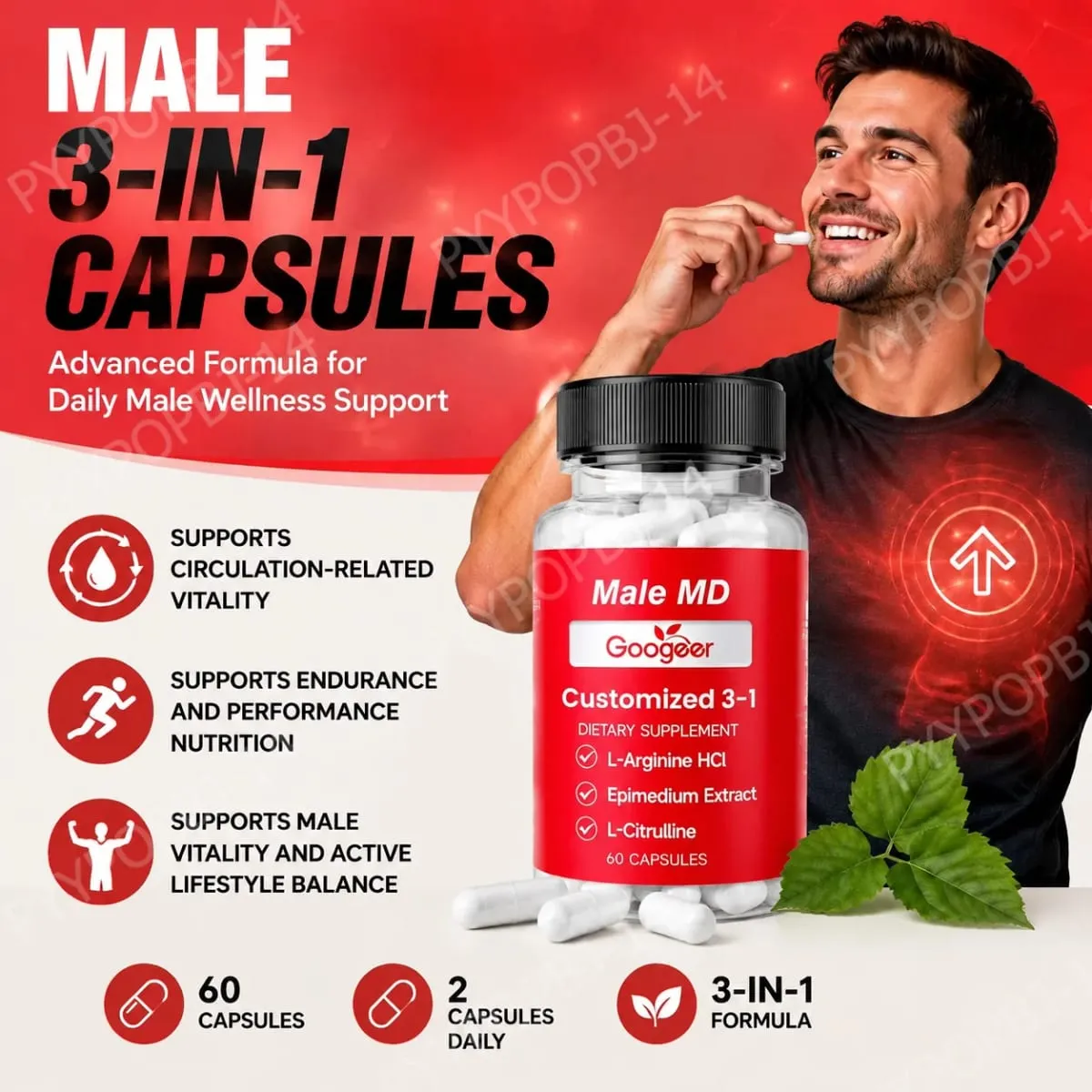 Googeer Male MD 3-in-1 Capsules with L-Arginine HCl and L-Citrulline and Epimedium Extract for Circulation Support 60 Capsules