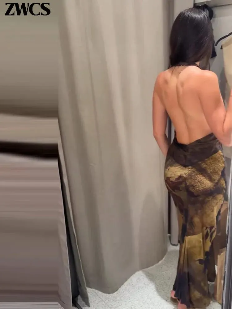 Sexy Printed Halter Backless Party Gowns 2026 New Female Slim Hollow-out Sleeveless Long Robes Women's Club Bodycon Dresses