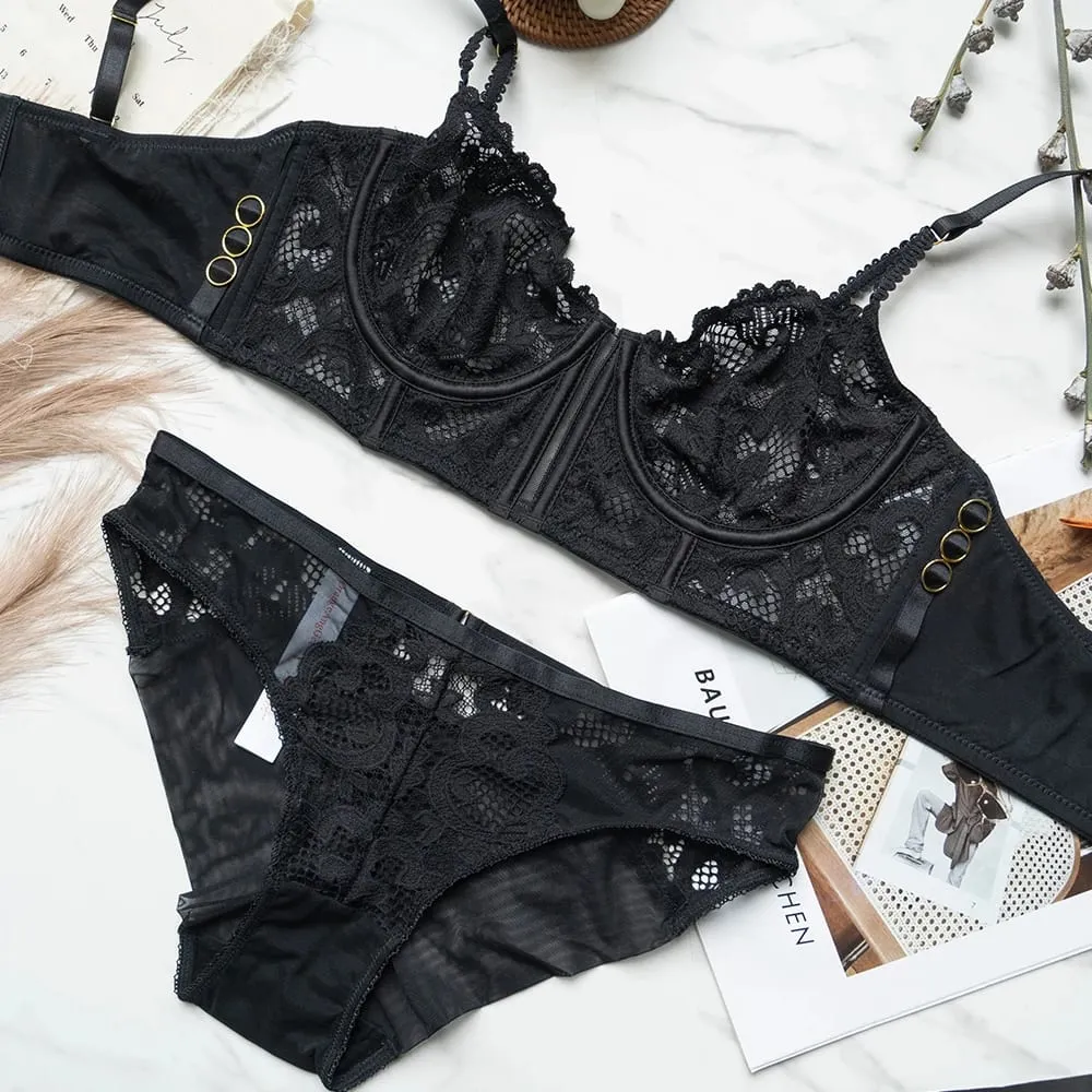 Set di lingerie da donna vintage in pizzo floreale nero con ferretto, reggiseno e slip trasparenti con ferretto, 2 pezzi, dettaglio anello laterale dorato, intimo sotto