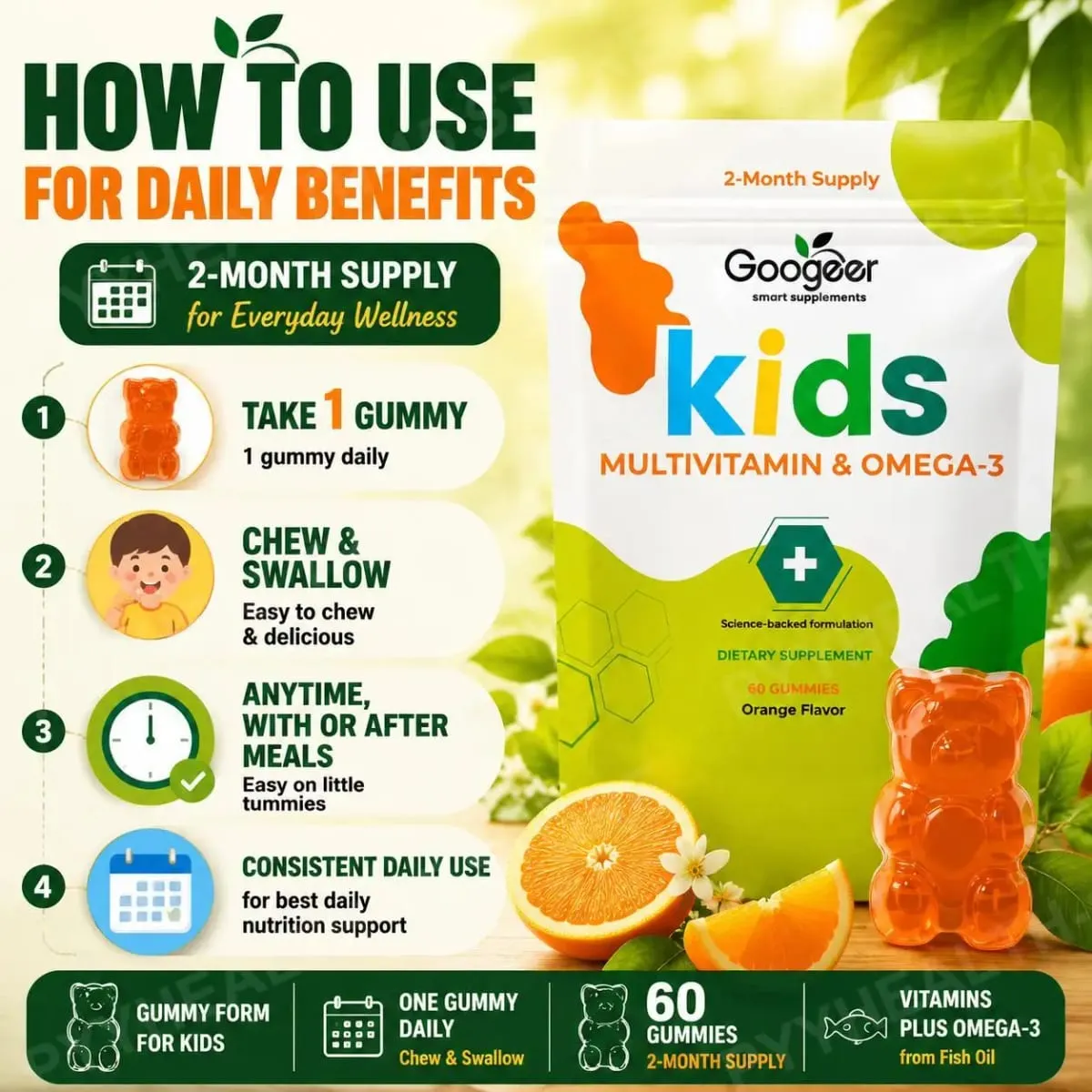 Googeer Kids Multivitamin & Omega-3 Gummies Vitamin C D3 B6 B12 Zinc Fish Oil Orange Flavor 60 Count Daily Nutrition Support