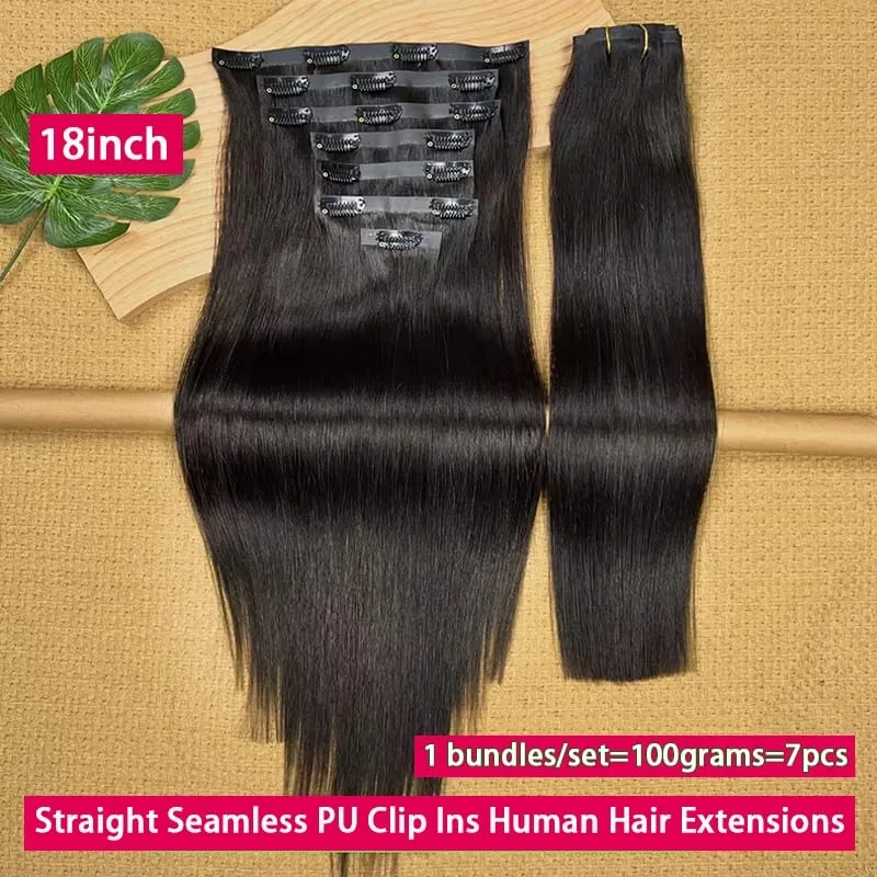 18A Seamless Straight Clip Ins Human Hair PU Invisible Clip In Hair Extensions 100% Raw Virgin Human Hair Double Weft 7Pcs/Set