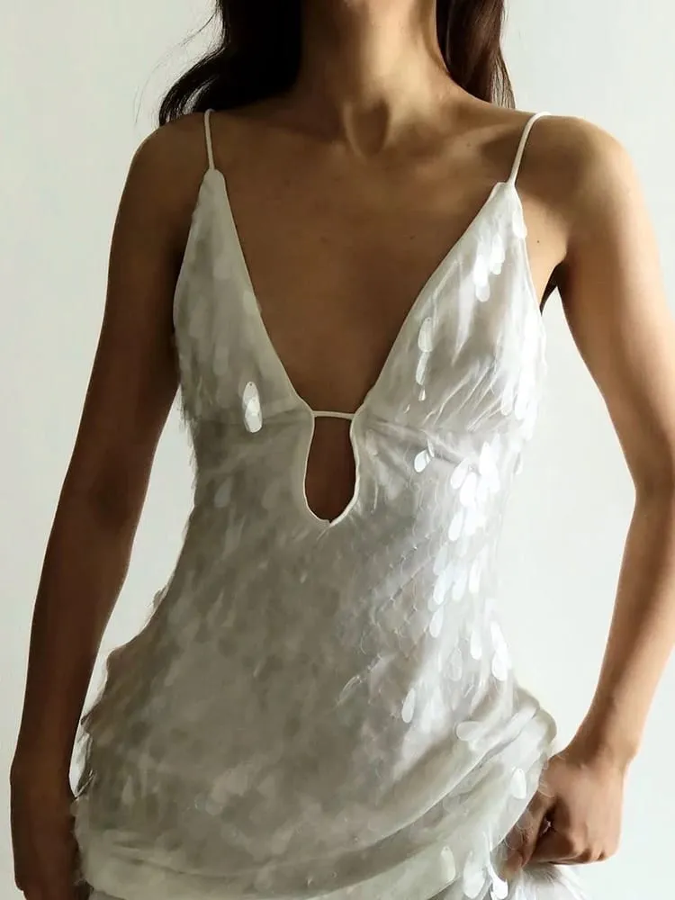 Women Sequin Sling Maxi Dress V-neck Solid Backless High Waist Sleeveless Dresses 2025 Fashion New Summer Lady Party Robes