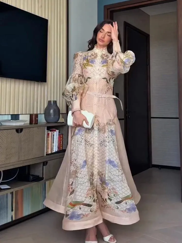Elegant Floral Printed Women's Dress Stand Collar Full Puff Sleeve A-line Long Dresses 2026 Summer Vacation Party Lady Robes