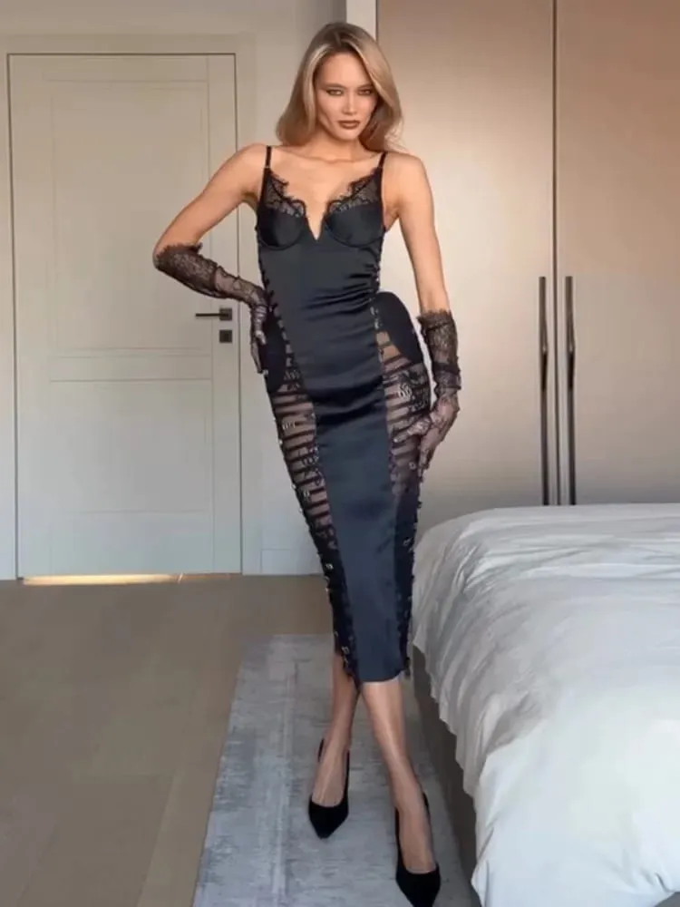 Women's Fashion Satin Lace Patchwork Mini Dress Sexy Deep V Openwork Waist-cinching Dresses Summer Female Vacation Party Gowns