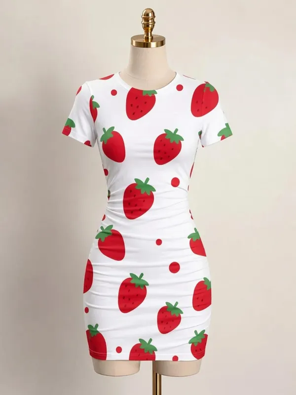 Womens Short Sleeve Bodycon Mini Dress Slim Fit Crew Neck Floral Print Casual Summer Party Cute Smooth Holiday Vacation Sundress