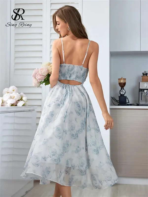 Dámské květinové šaty se špagetovými ramínky elastické, nařasené sexy duté společenské šaty bez zad Letní boho prázdninové plážové letní šaty