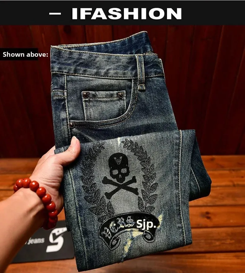 High end jeans men with ripped holes street fashion prints small feet elastic retro and handsome pants
