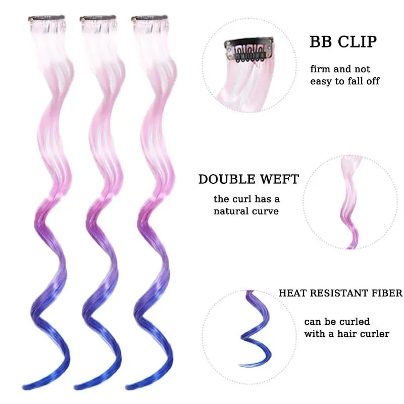 2pcs 16 Inch Colorful Hair Extensions Synthetic Ombre Wavy Clip in Hair Extensions Lightweight Hairpieces for Women Party Wear