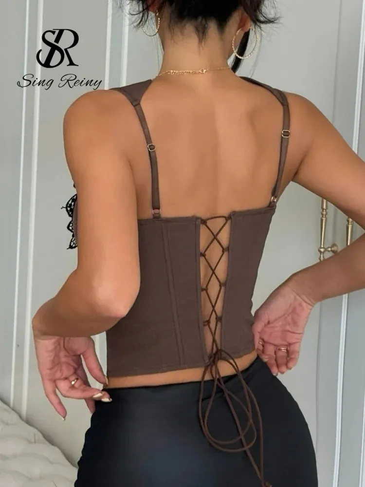 Hot Girl Embroidery Backless Camisole Female Strap Sleeveless Floral Design Crop Top Solid Chic Underwire Corset Top