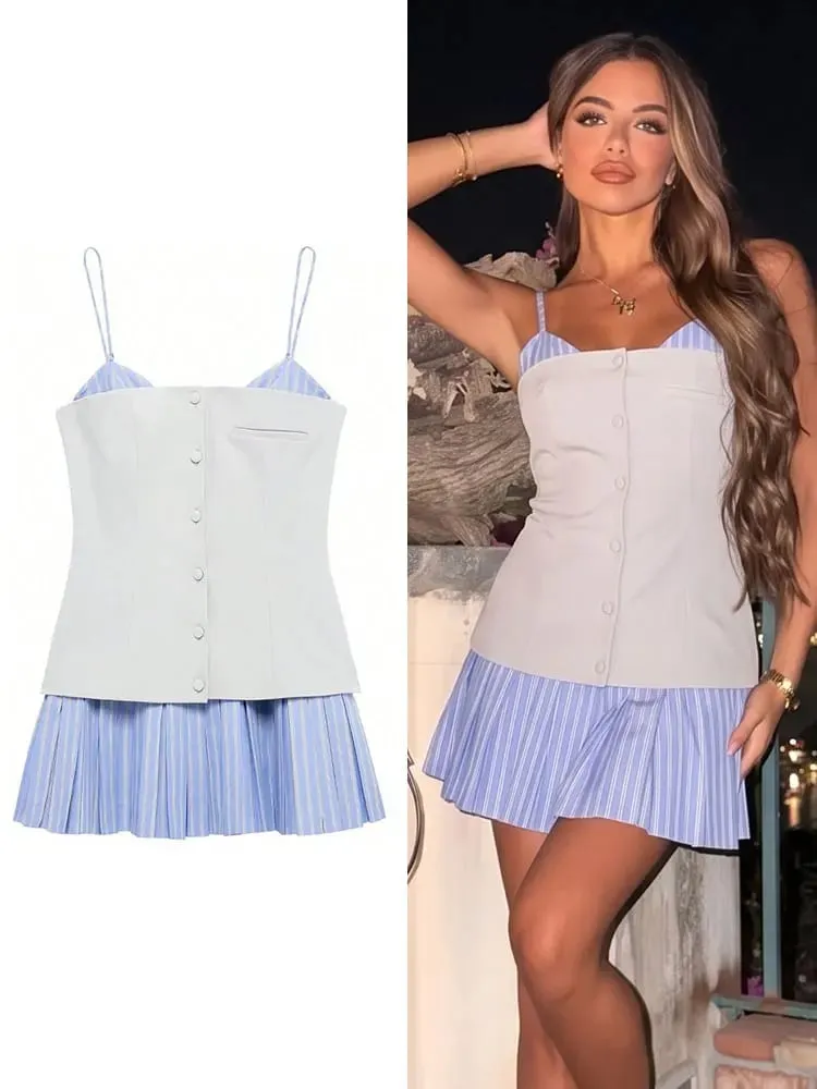 HH Womens Elegant Party Fake 2 Piece Solid Bustier Stripe Pleated Skirt Summer Beach Vacation Casual Spaghetti Strap Mini Dress